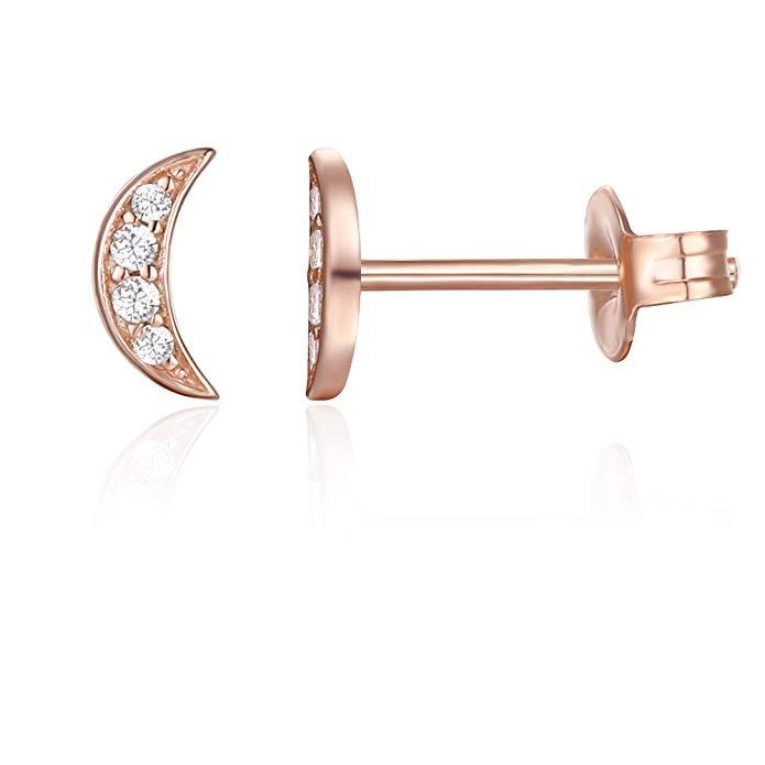 6mm Pave Cresent Stud Earring with  Crystals - 14K Rose Gold Plated