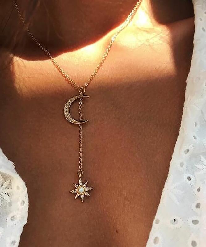 Moon and Star Necklace With Austrian Crystals in 18K Gold Plated ITALY