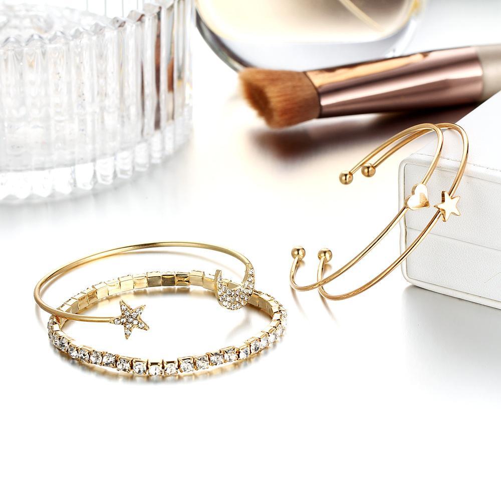 4 Piece Celestial Bangle Set With  Crystals 18K Gold Plated Bracelet