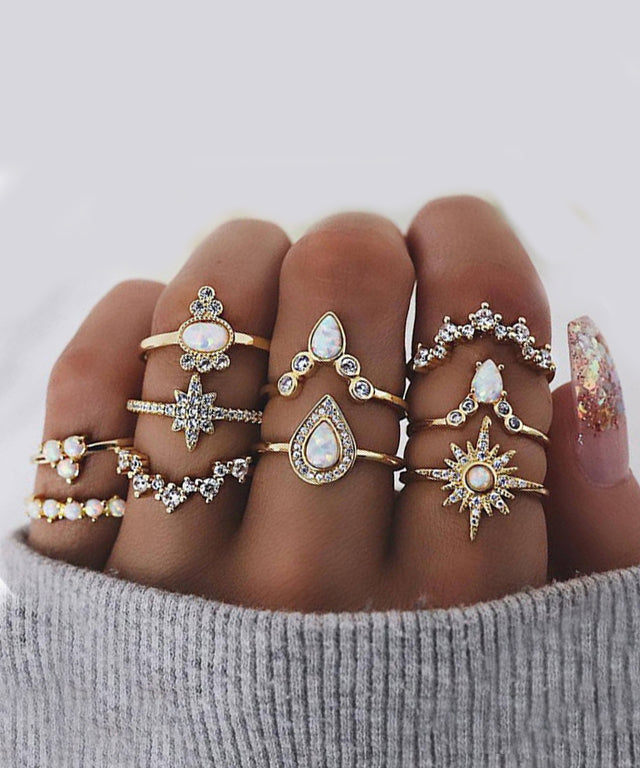 10 Piece Opal Created Ring Set With ® Crystals 18K Gold Plated Ring in